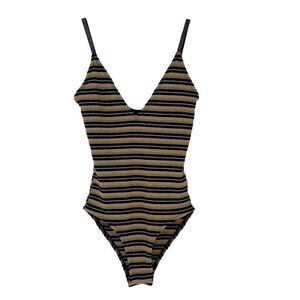 Topshop Nordstrom Bodysuit Women's Sz 2 Multicolor Stripe Ribbed Metallic V-Neck